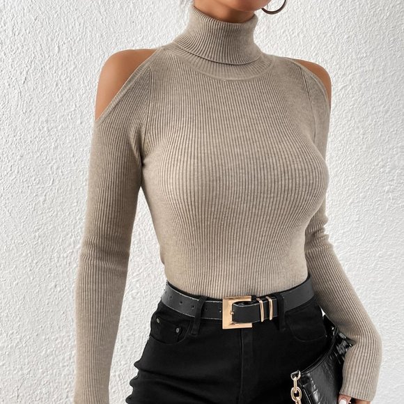 . Sweaters - Khaki Casual Womens Turtleneck Cold Shoulder Ribbed Knit Sweater